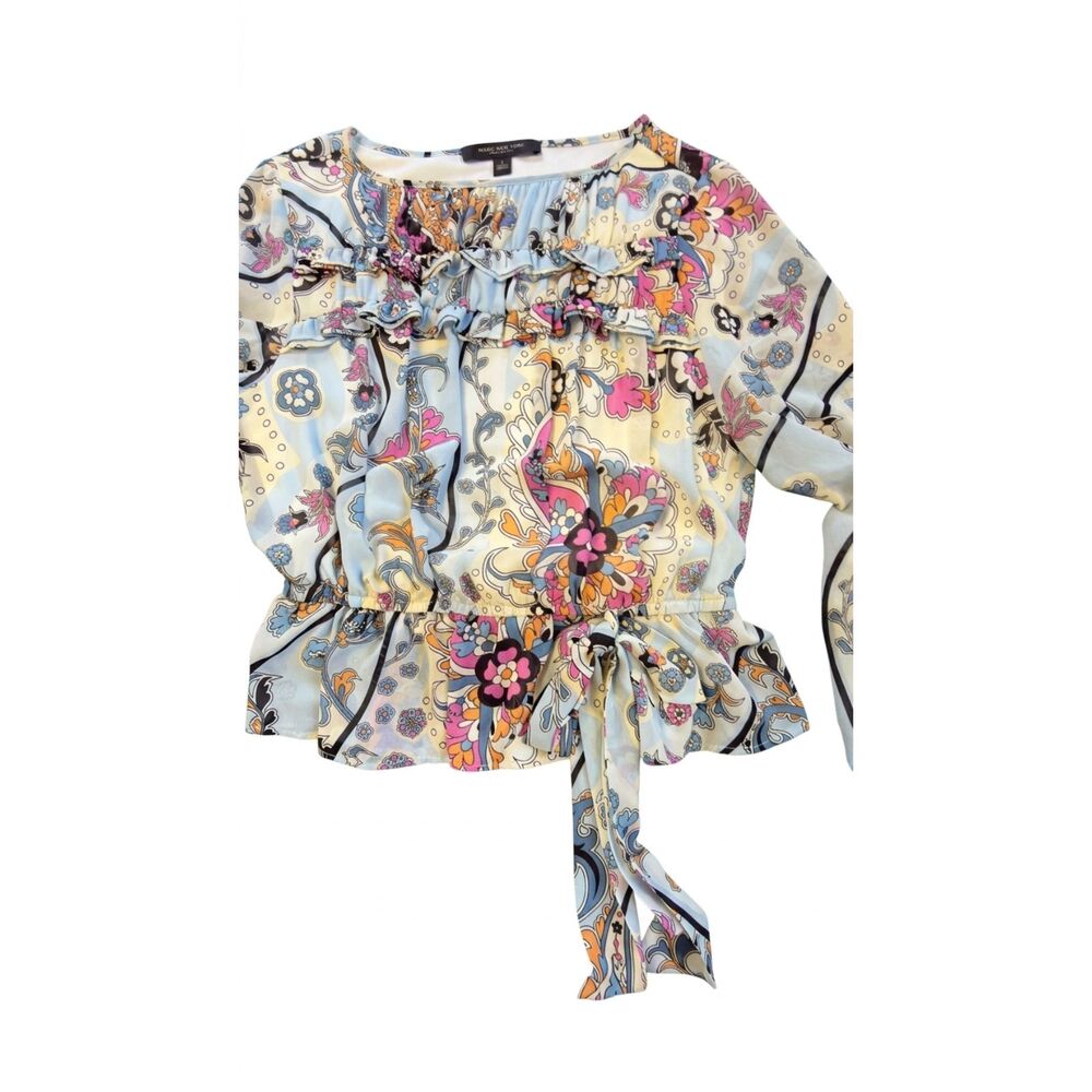 Marc New York Paisley Ruffle Peplum Blouse Size S Sheer Sleeves - Picture 6 of 10